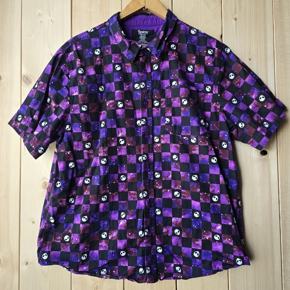 Spencer's Alien Short Sleeve Button Up Shirt Purple Black Mens Large